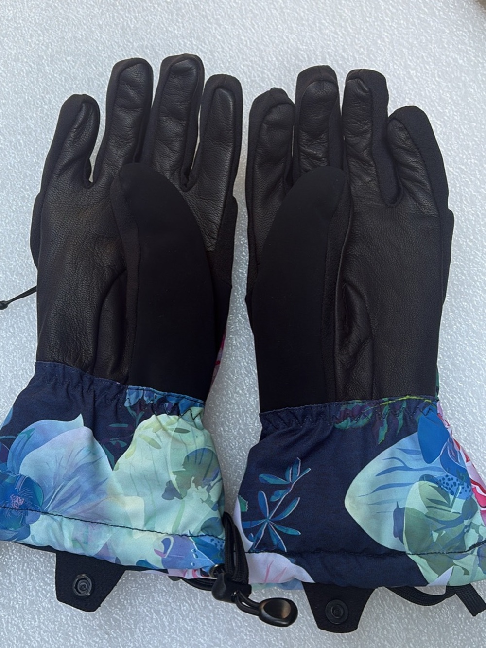 Obermeyer Black Leather Palm Floral Cuff Ski Gloves